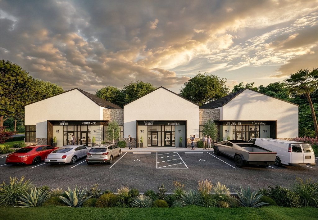 Vista Willa Medical Office in Winter Springs, FL — three white gabled bays with standing-seam metal roofs and natural stone bases, fronted by accessible parking and ornamental landscaping at sunset