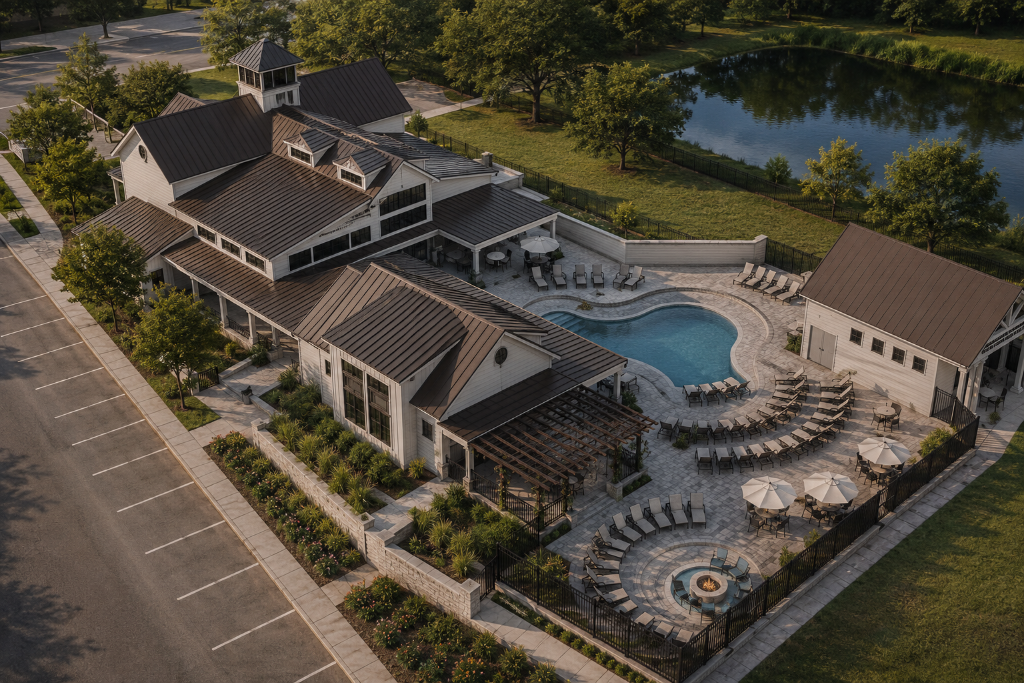 Brandon Town Center Clubhouse, a modern farmhouse-style two-story community clubhouse with white siding, dark bronze metal roof, and cupola in Brandon, FL
