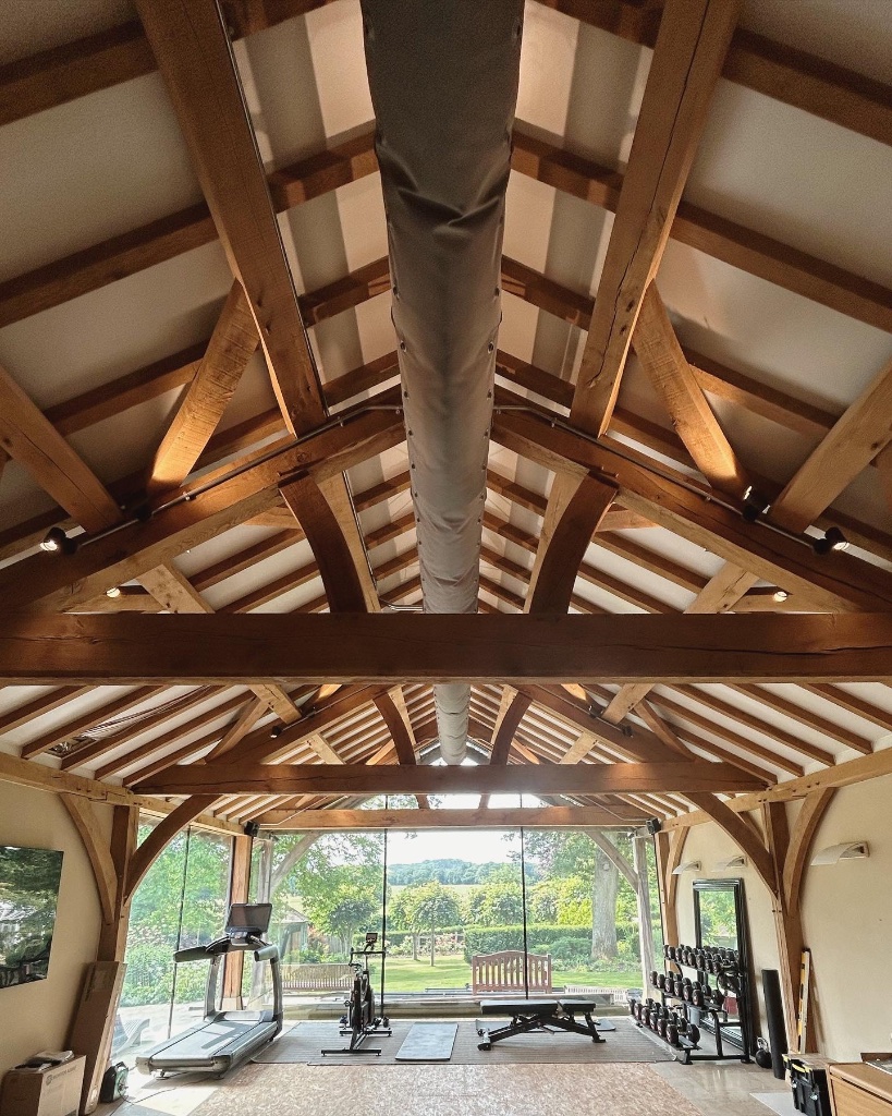 Oak frame gym with track lighting