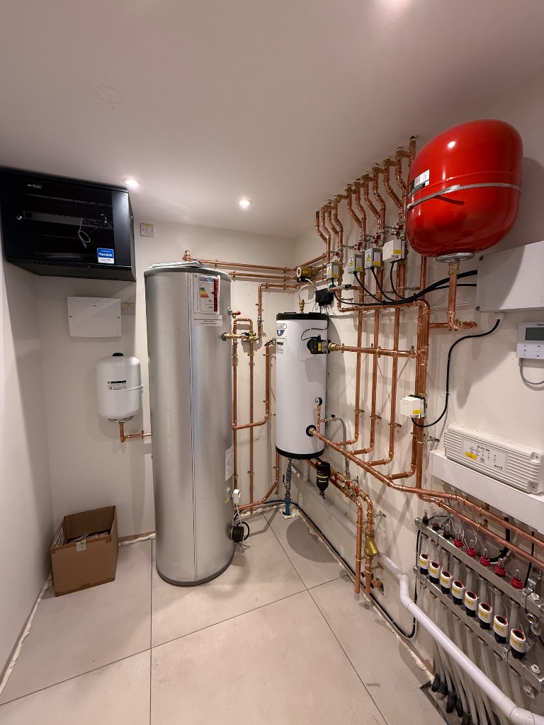 Plant room - full heat pump system, cylinder, and controls installation