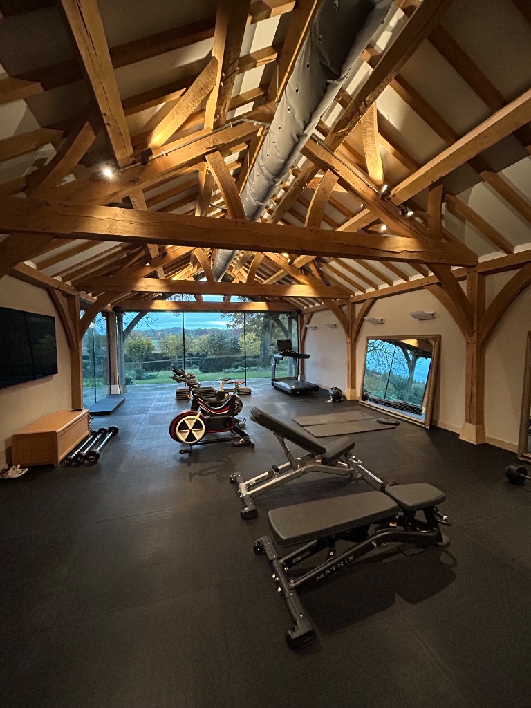 Oak frame gym with track lighting