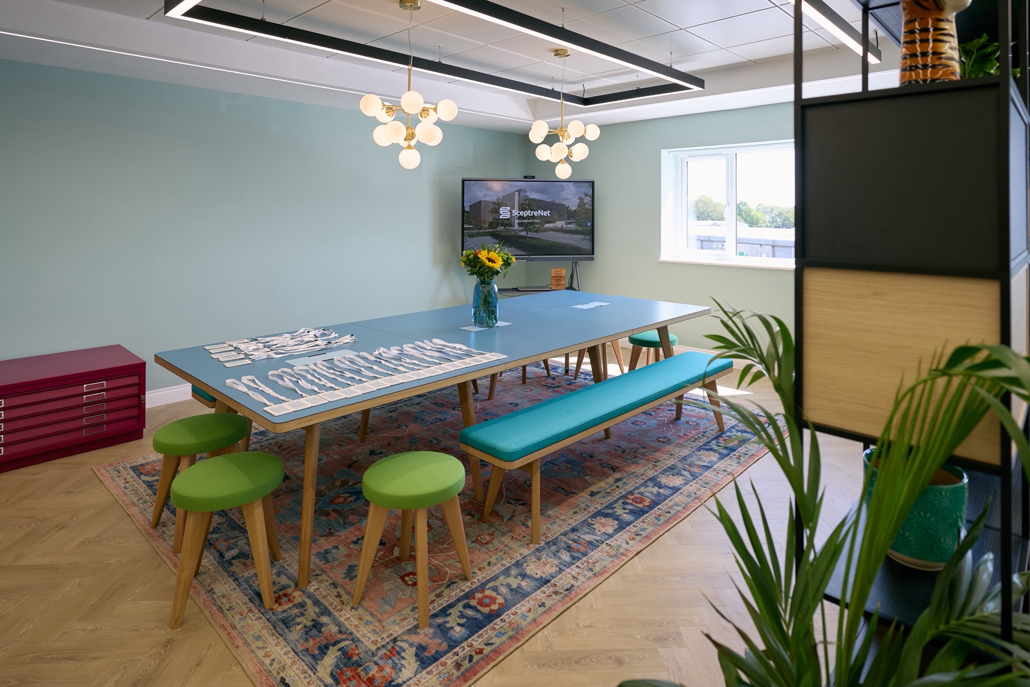 Feature globe pendants above the meeting table, Sceptre Net commercial electrical project