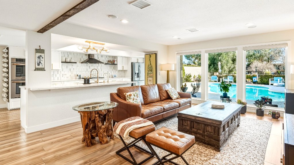 Living room with pool view real estate photography Las Vegas NV by Air to Ground Media