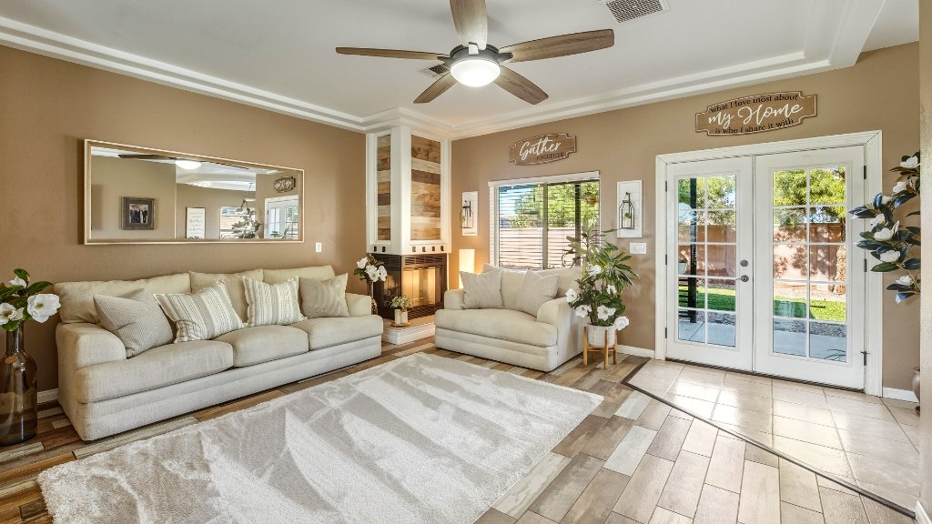Warm living room real estate photography Pahrump NV by Air to Ground Media