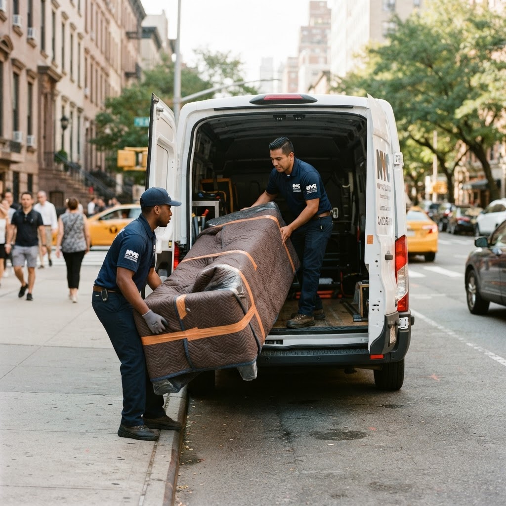 Two-person team loading a marketplace couch into a delivery van