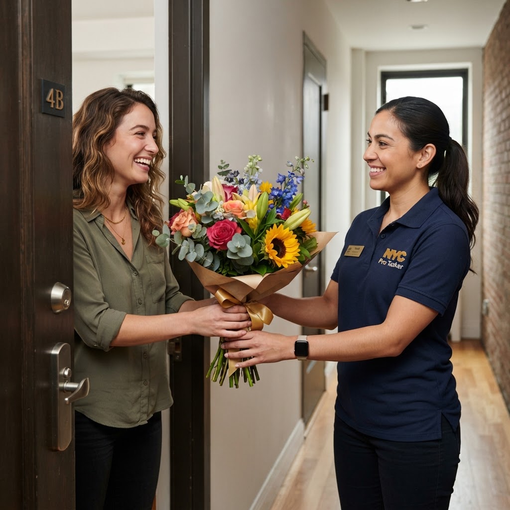 NYC Pro Tasker courier handing a flower bouquet to a customer