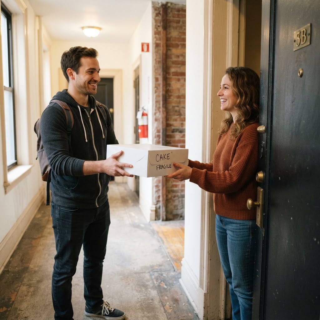 NYC Pro Tasker courier handing a sealed cake delivery box to a customer at their door