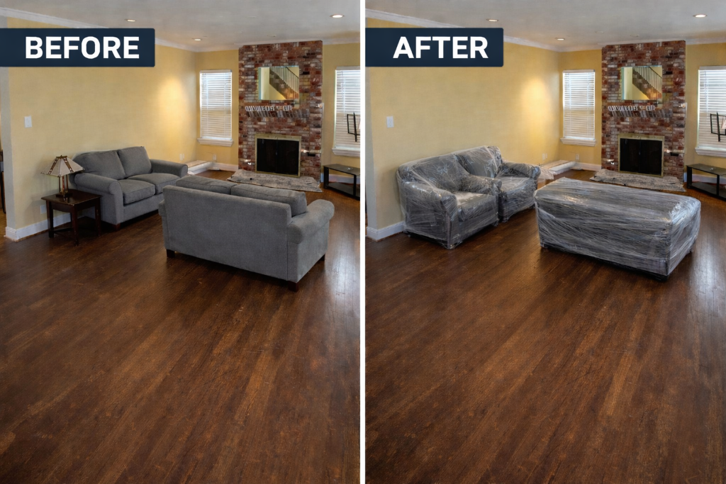 Living room: before & after shrink-wrap