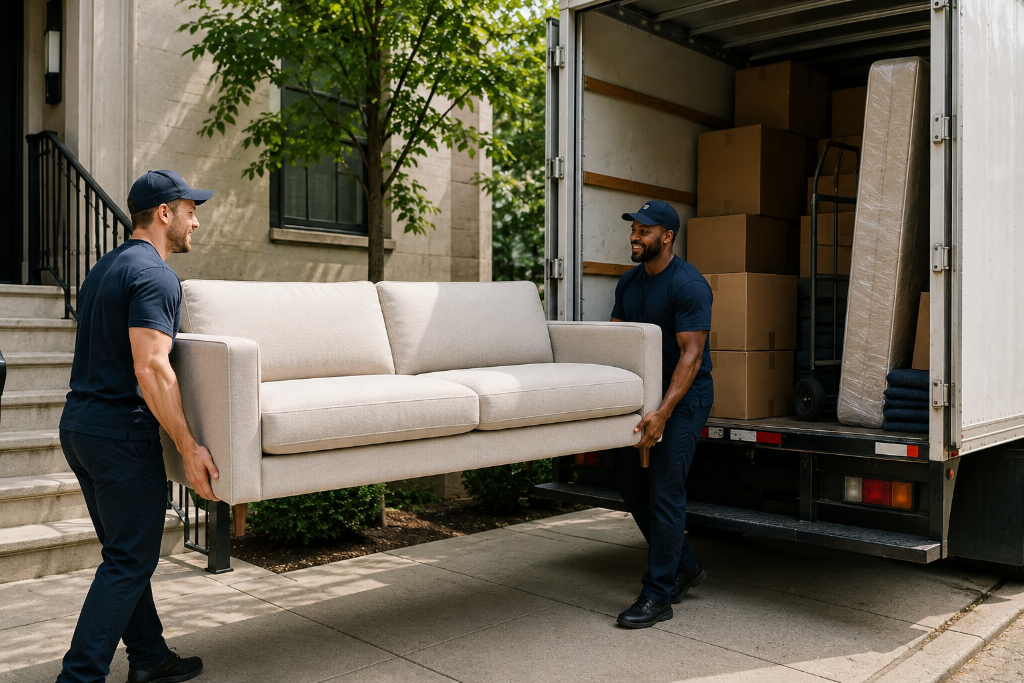 Professional movers loading a sofa into a moving truck