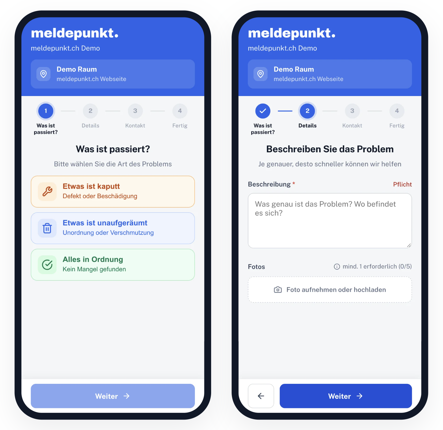 meldepunkt: Schadenmeldung auf dem Smartphone mit Auswahl, Beschreibung und Foto
