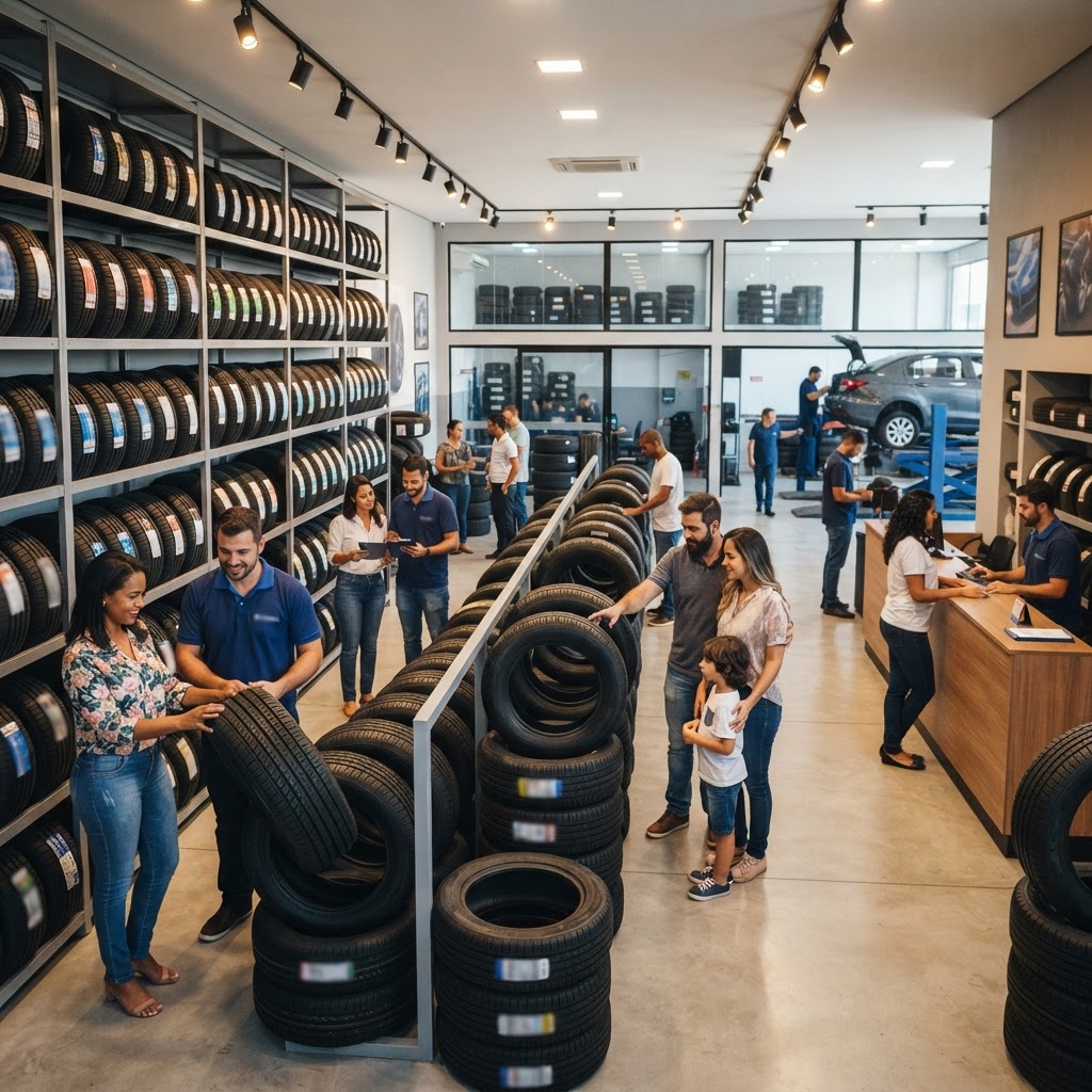 Loja de pneus com clientes comprando pneus e carro sendo atendido com troca de pneus na Loja do Pneu — marketplace de pneus online com frete grátis no Brasil
