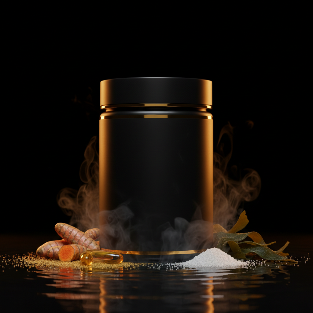Premium supplement canister with natural ingredients dramatically lit