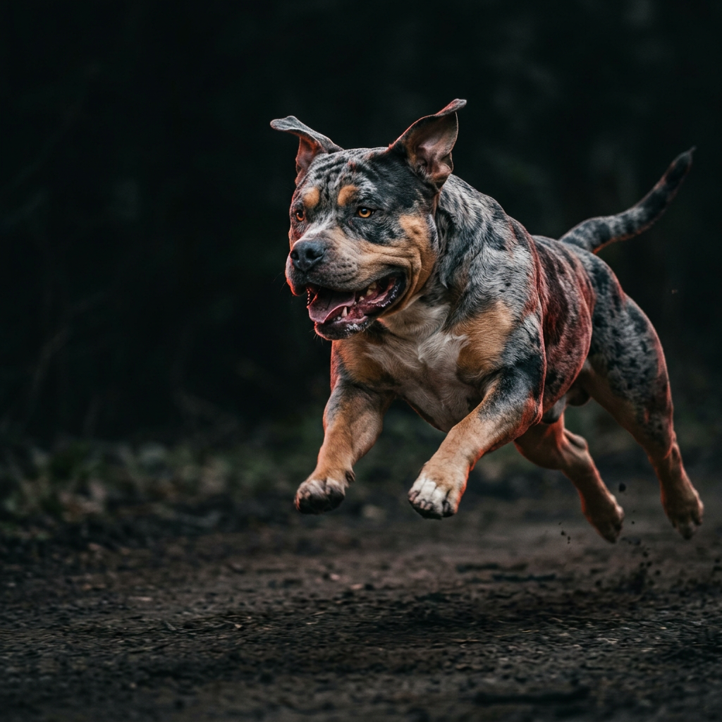 Tri-color merle American Bully sprinting at full speed, showcasing explosive athleticism, peak muscle definition and stunning merle coat