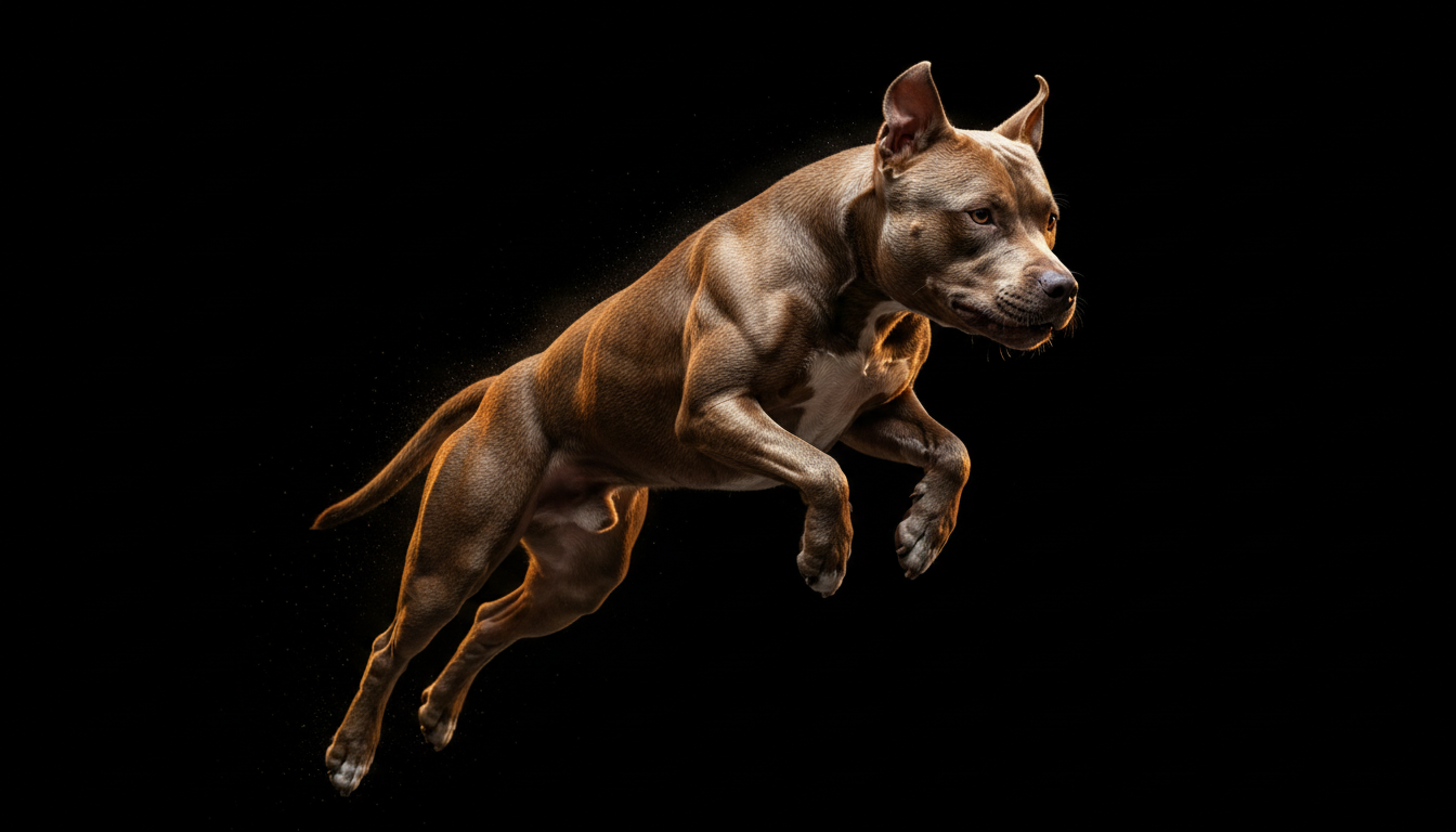Muscular American Bully mid-leap showcasing explosive athletic power and peak physical conditioning