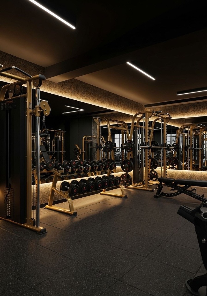 Woman strength training in dark boutique gym