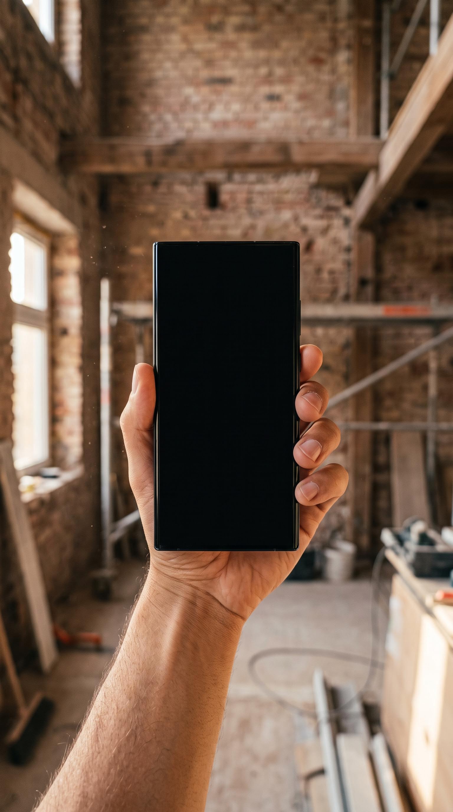 Mão a segurar o telemóvel com a app aberta no dashboard