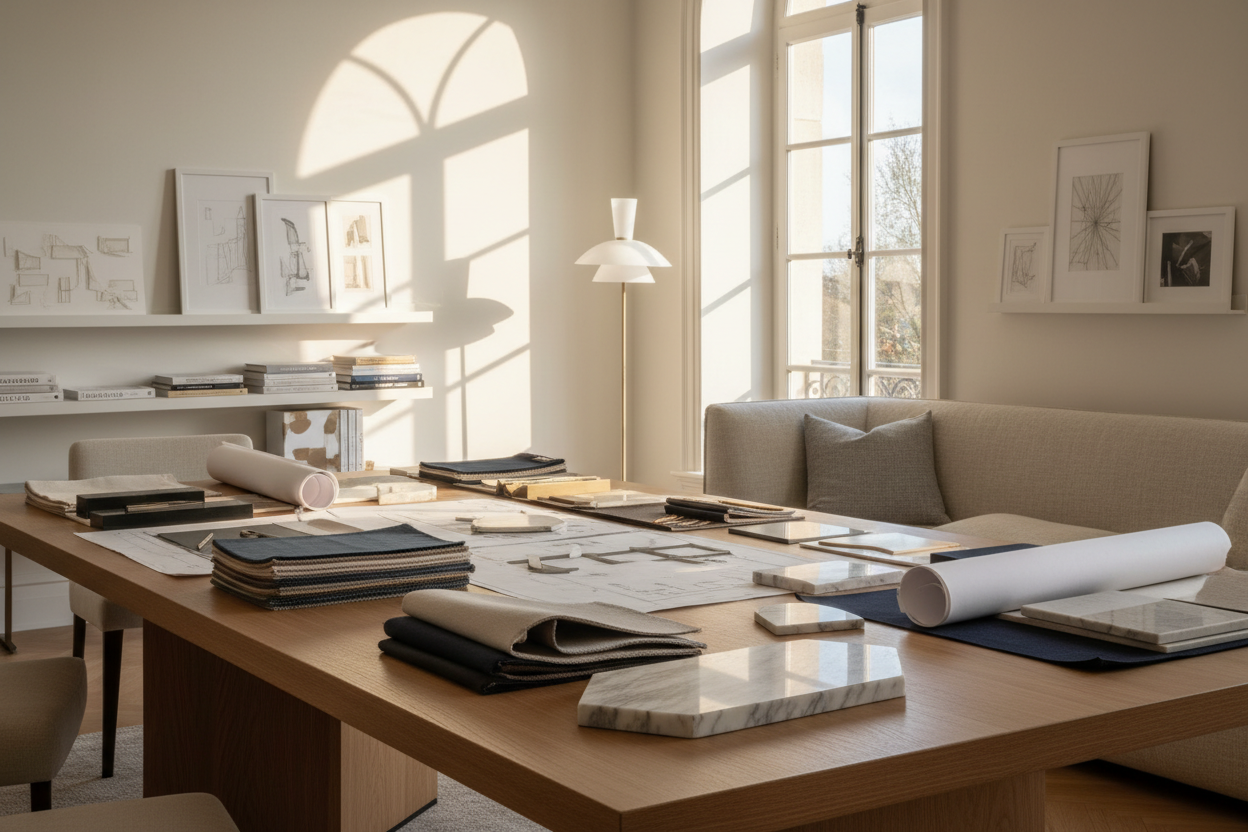 Elegant design studio workspace with fabric swatches, marble samples, and design drawings