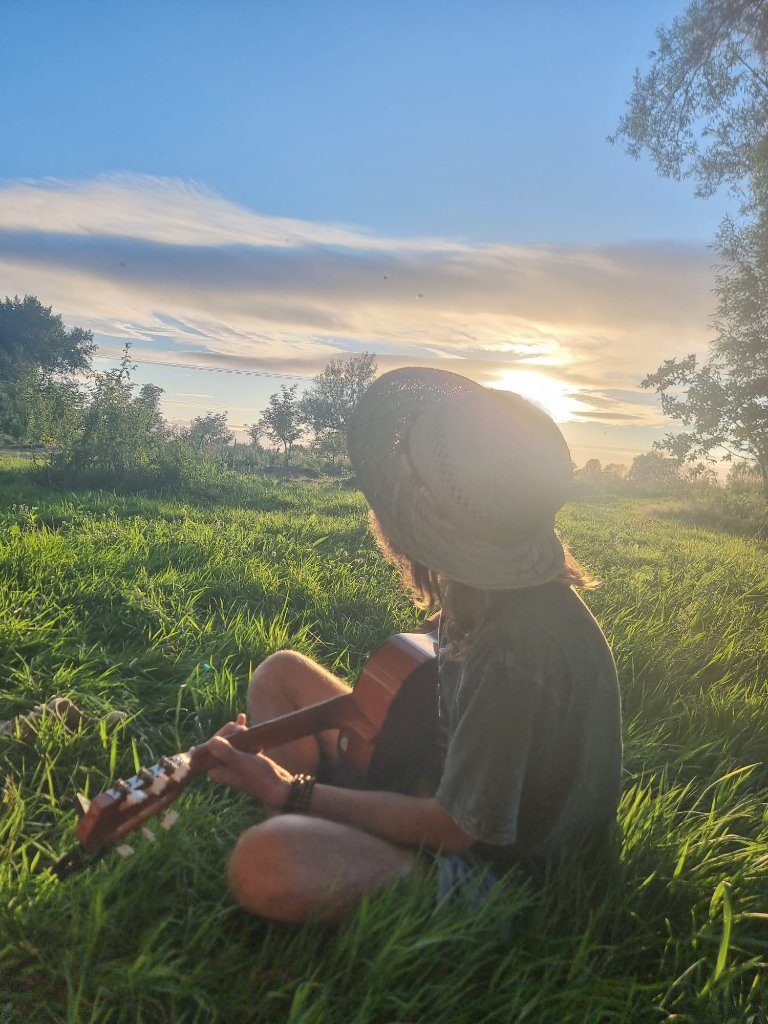 Harry sitting in a field with a guitar at sunset