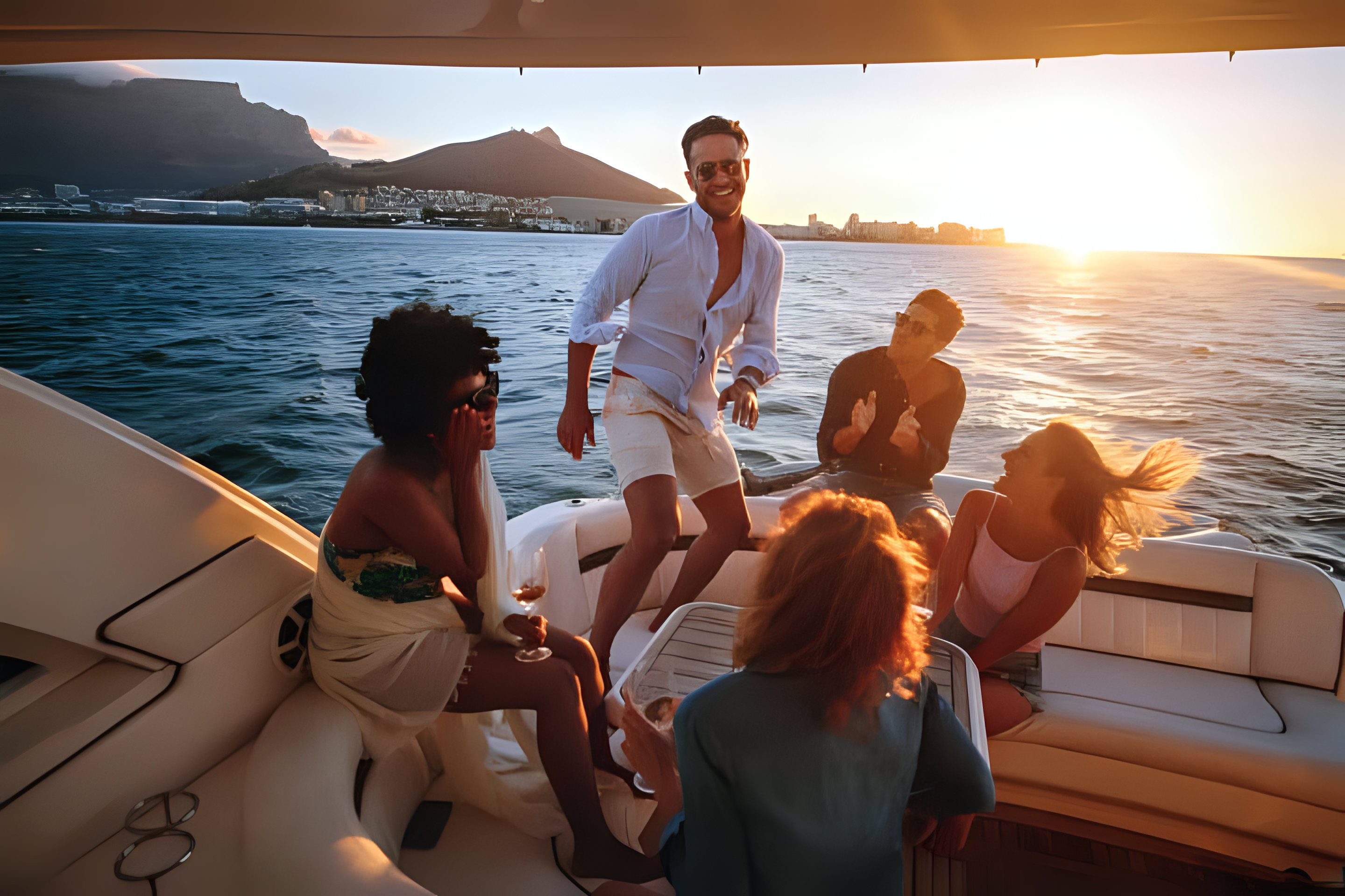Friends toasting with wine at golden hour on the yacht deck