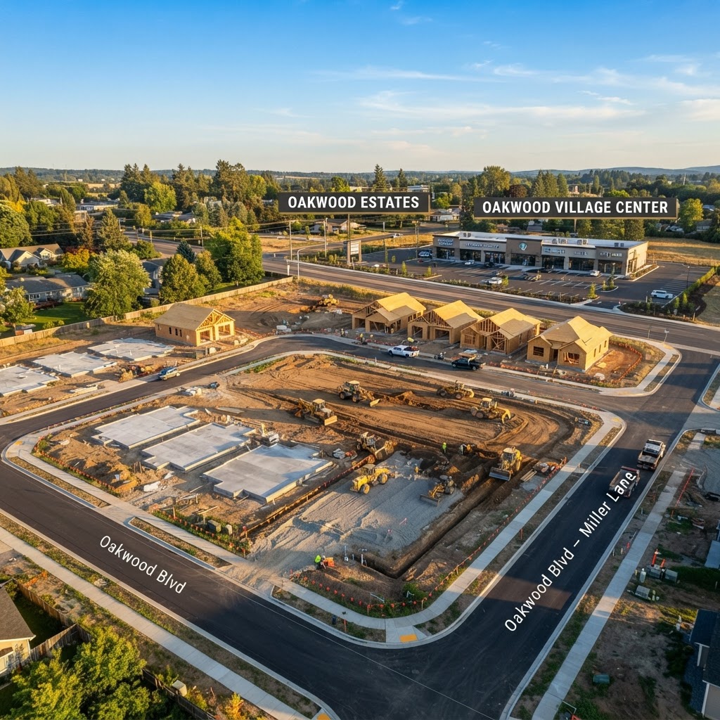 Aerial view of residential subdivision and small commercial development under construction