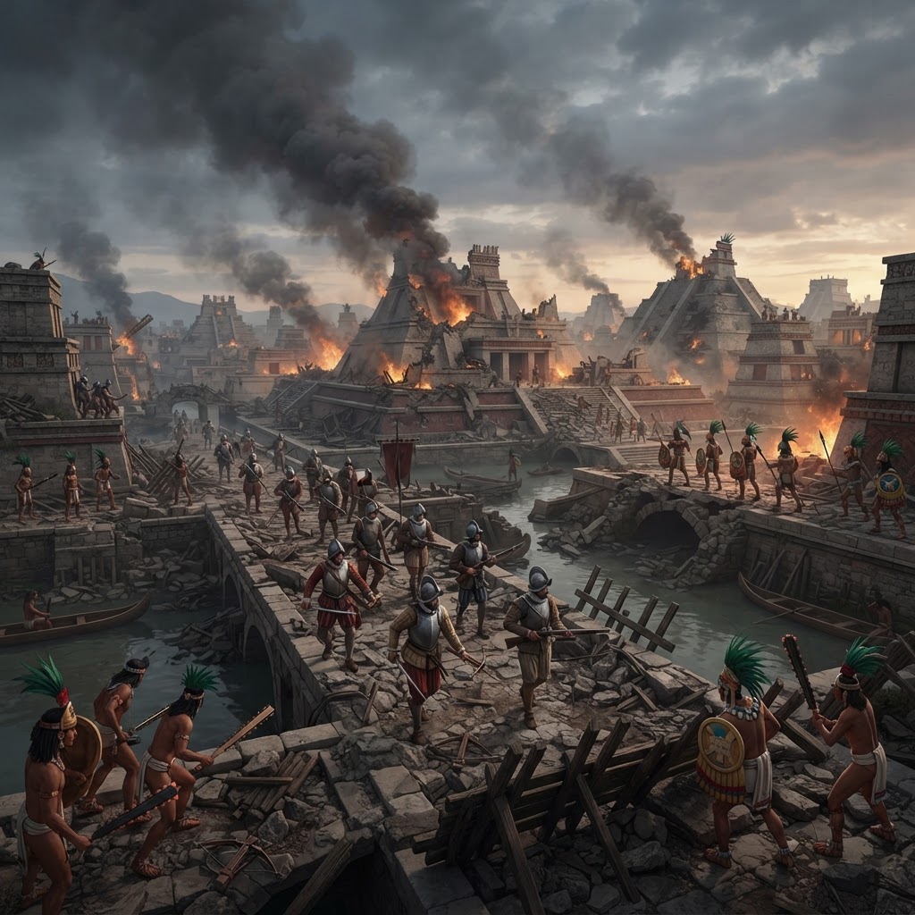 Illustration représentant Prise de Tenochtitlan par Cortés.