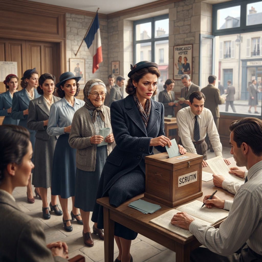 Illustration représentant Vote des femmes accordé en France.