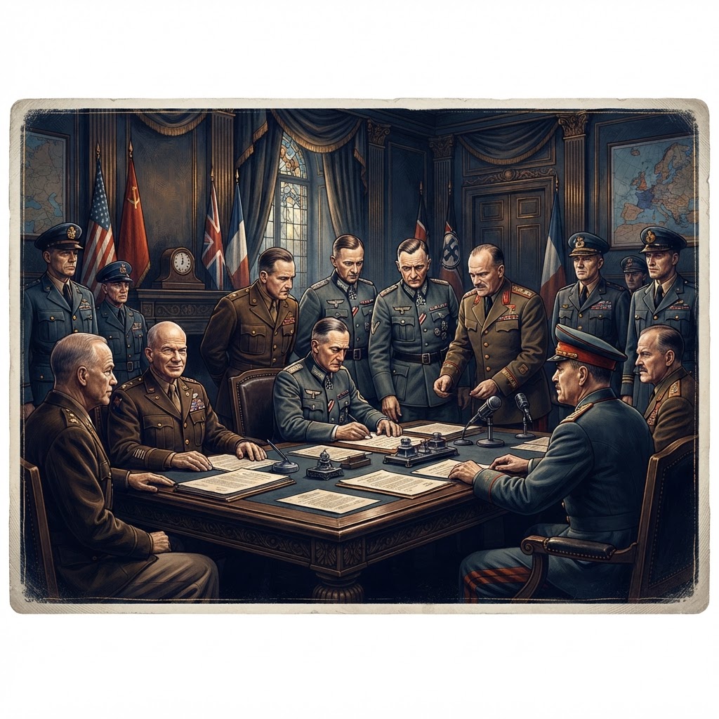 Illustration représentant Fin de la Seconde Guerre mondiale en Europe.