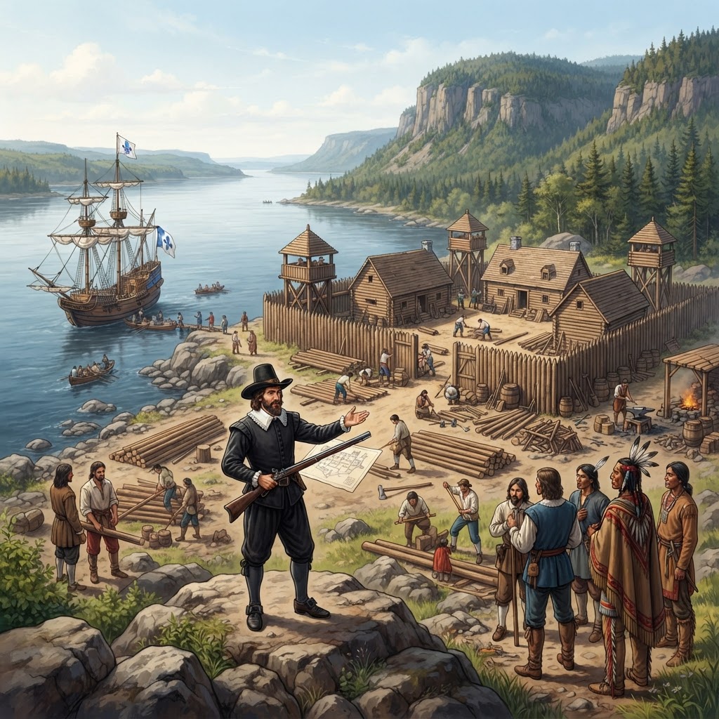 Illustration représentant Fondation de Québec par Champlain.