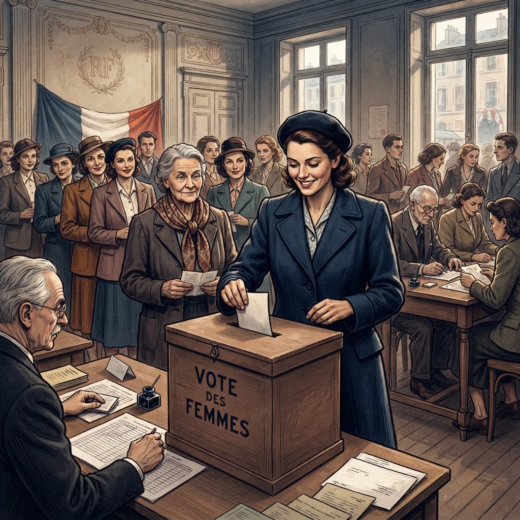 Illustration représentant Vote des femmes accordé en France.