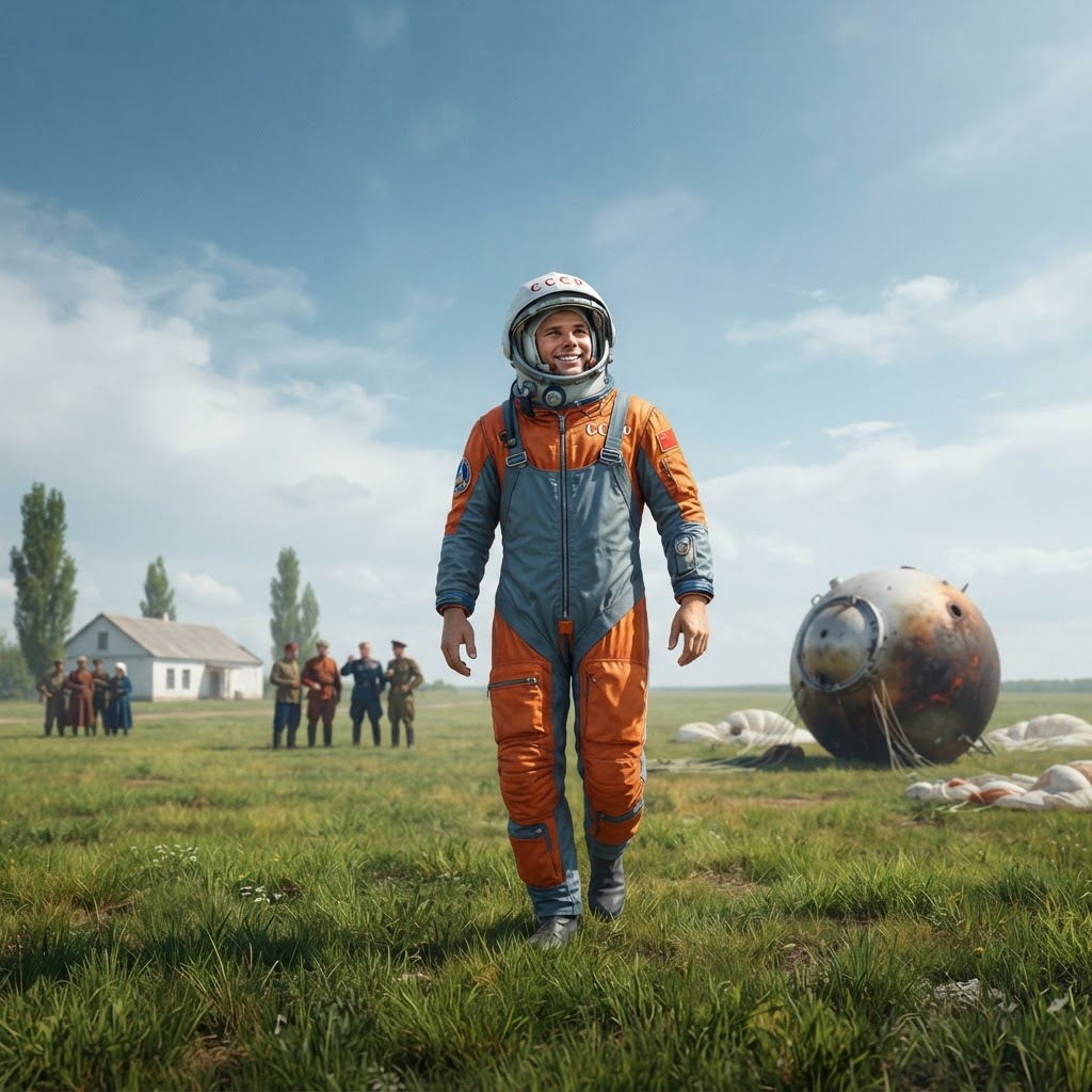 Illustration représentant Youri Gagarine : premier homme dans l'espace.