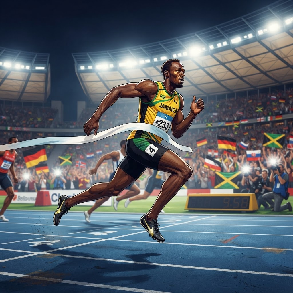 Illustration représentant Usain Bolt, Record du monde d'Usain Bolt en 9,58 s.