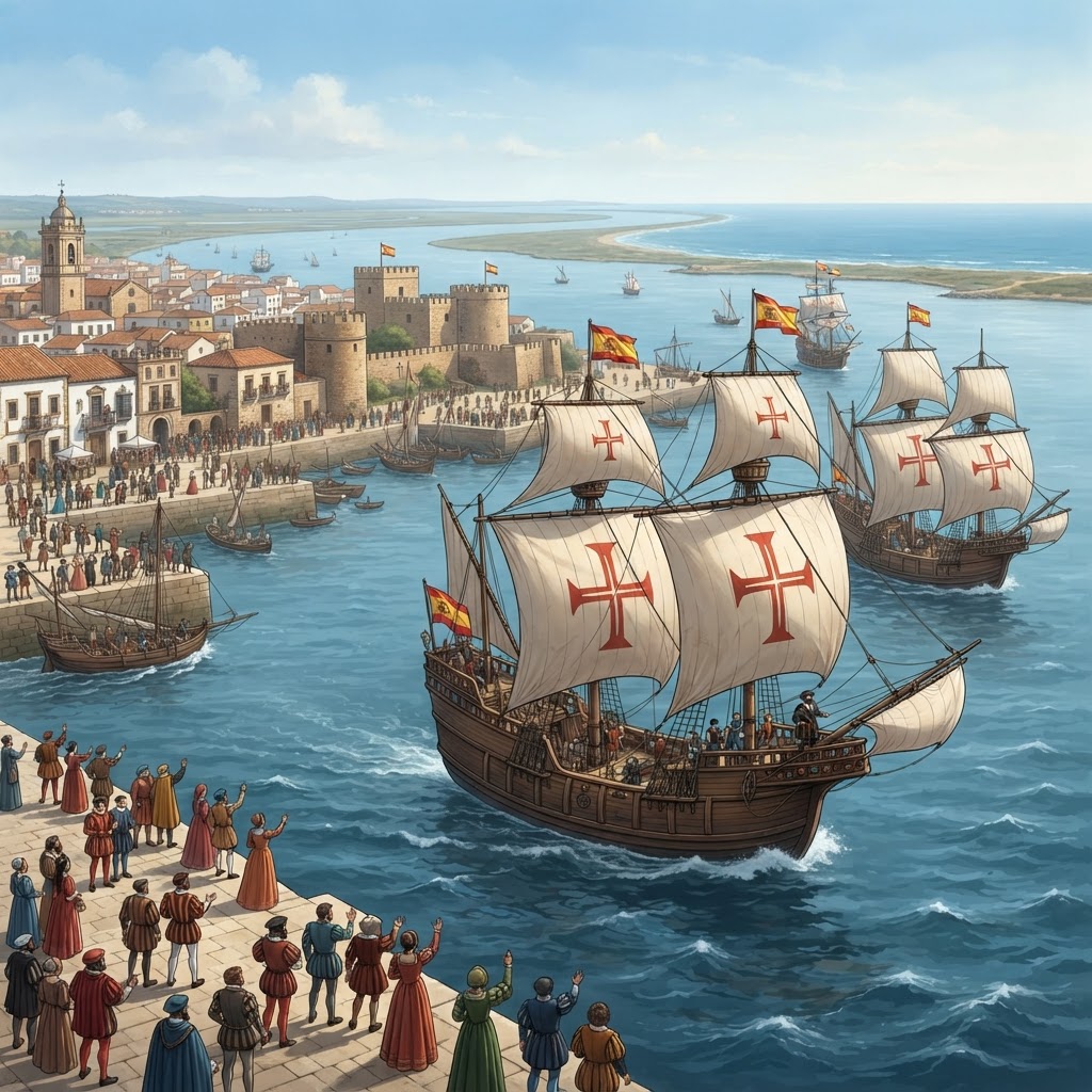 Illustration représentant Départ du tour du monde de Magellan.