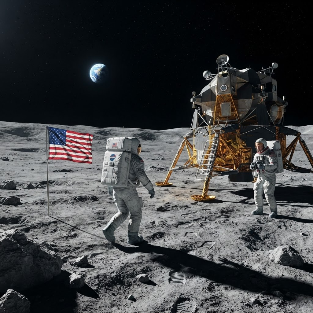 Illustration représentant Premiers pas humains sur la Lune (Apollo 11).
