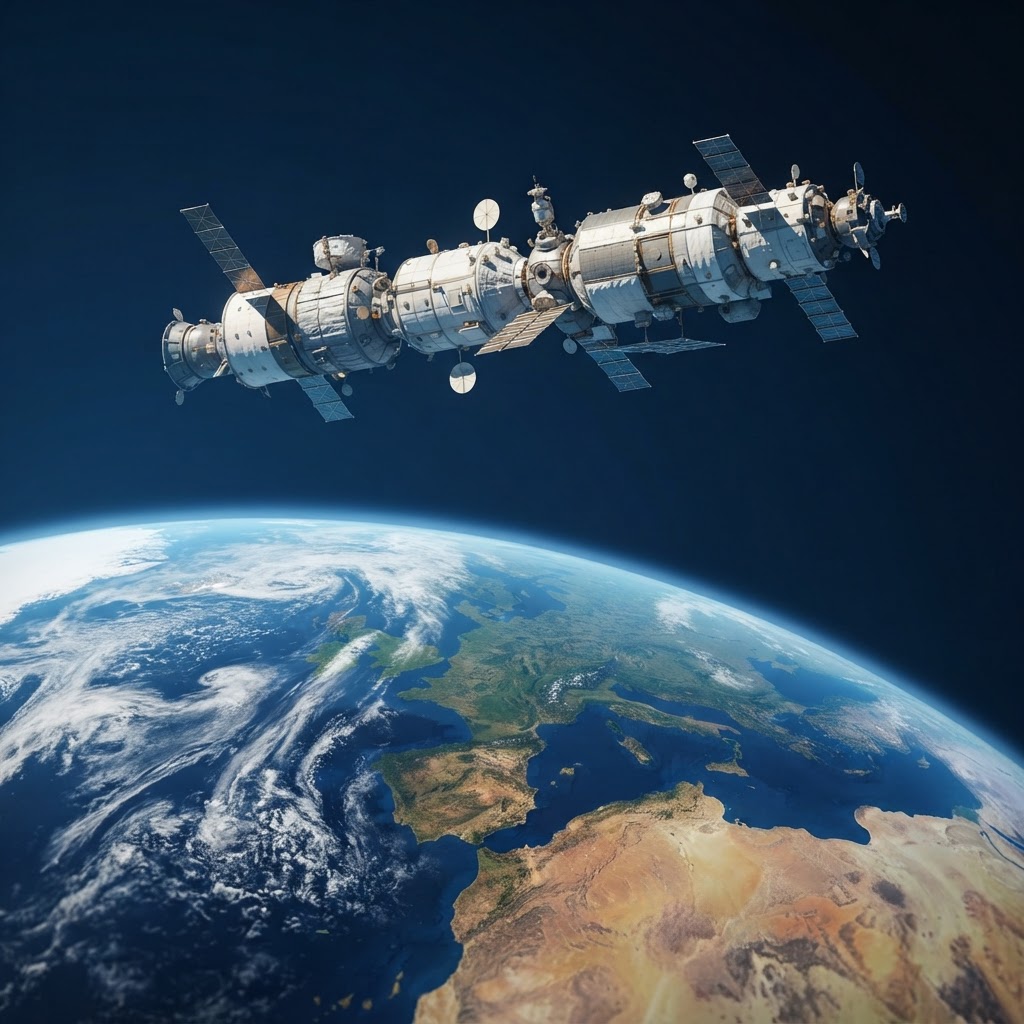 Illustration représentant Station spatiale Mir en orbite.