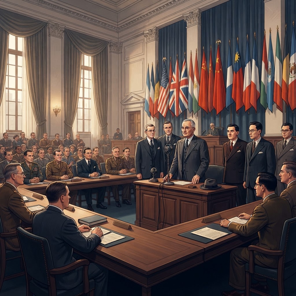 Illustration représentant Création de l'Organisation des Nations unies.