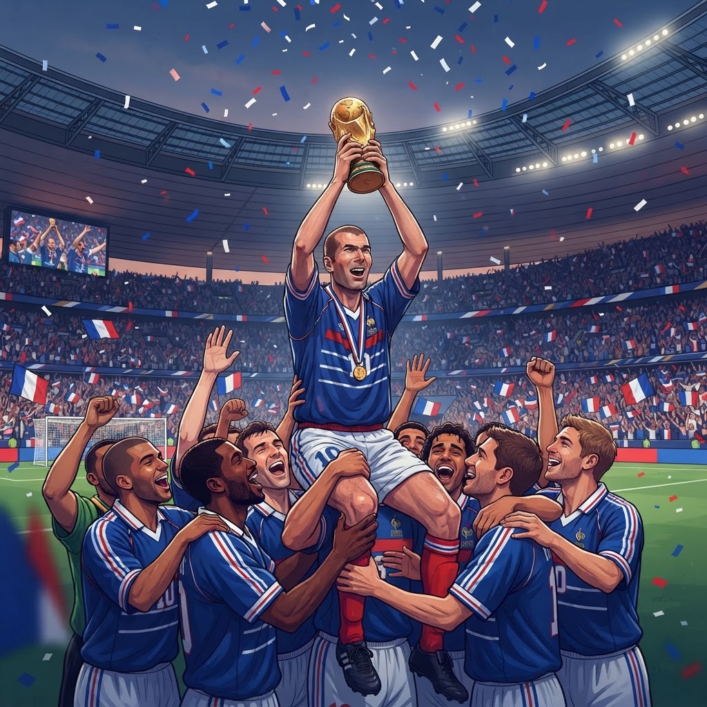 Illustration représentant Zinédine Zidane, Victoire de la France à la Coupe du monde 1998.