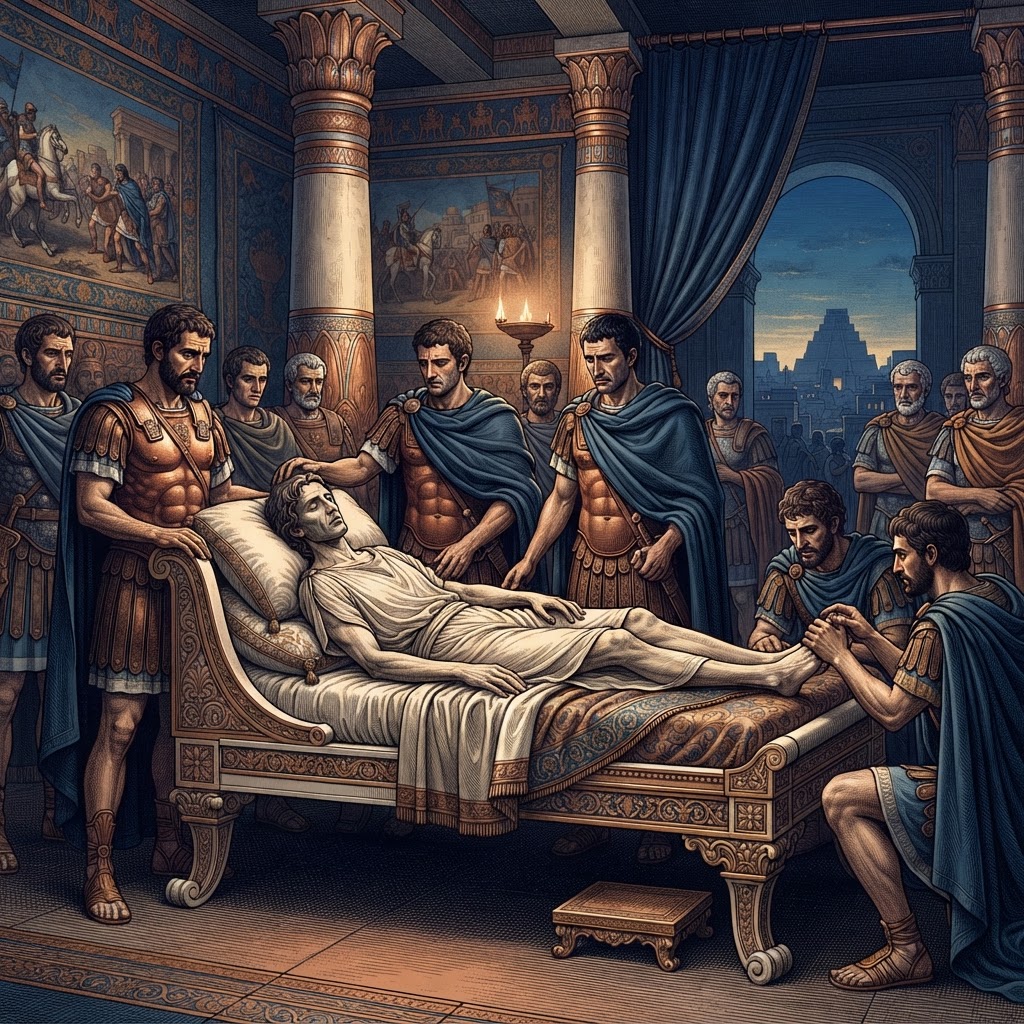 Illustration représentant Mort d'Alexandre le Grand.