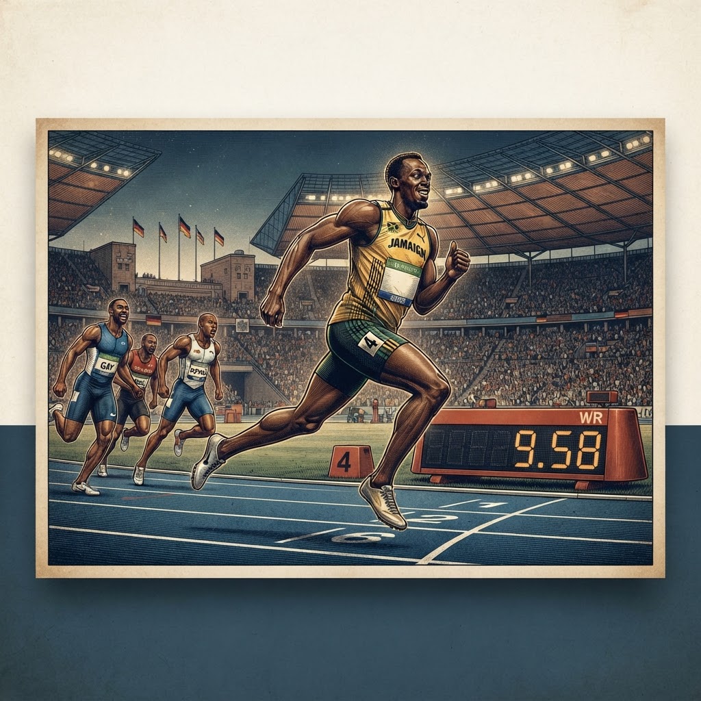 Illustration représentant Usain Bolt, Record du monde d'Usain Bolt en 9,58 s.
