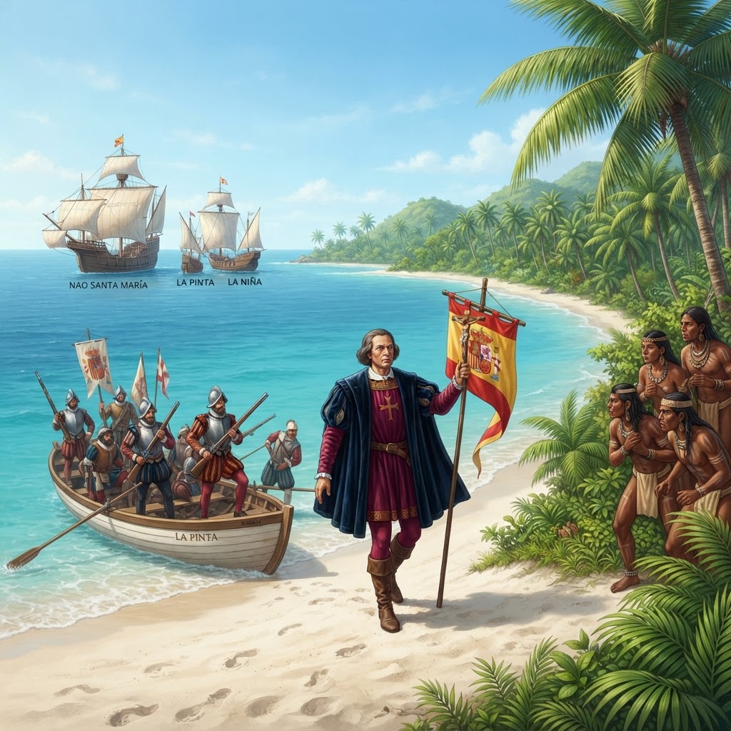 Illustration représentant Découverte de l'Amérique par Christophe Colomb.