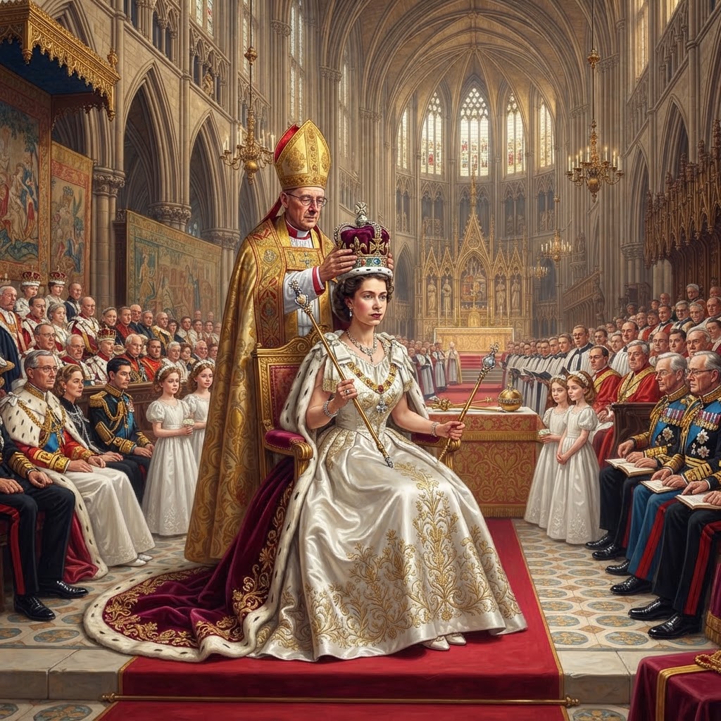 Illustration représentant Élisabeth II, Couronnement d'Élisabeth II.