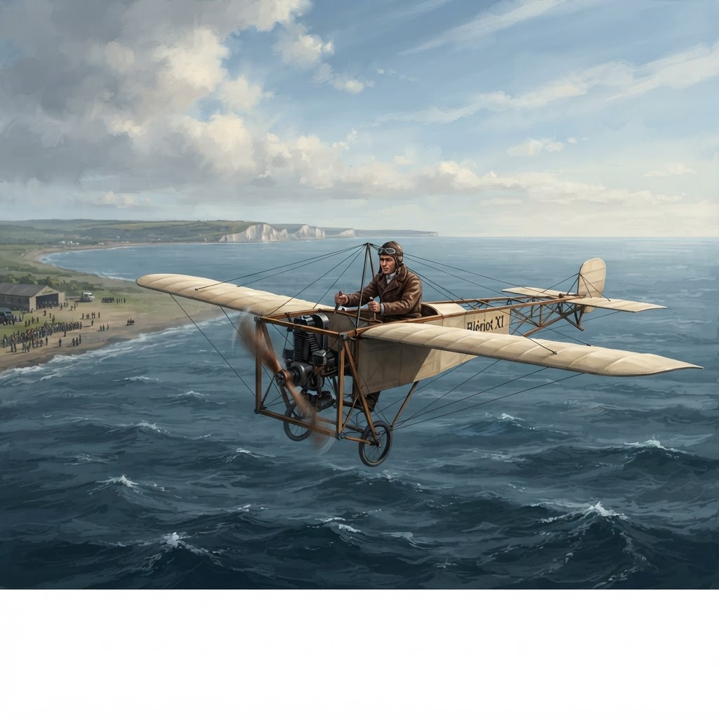 Illustration représentant Louis Blériot, Première traversée aérienne de la Manche par Blériot.