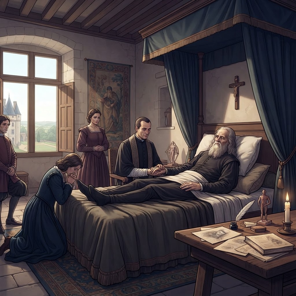 Illustration représentant Léonard de Vinci, Mort de Léonard de Vinci.