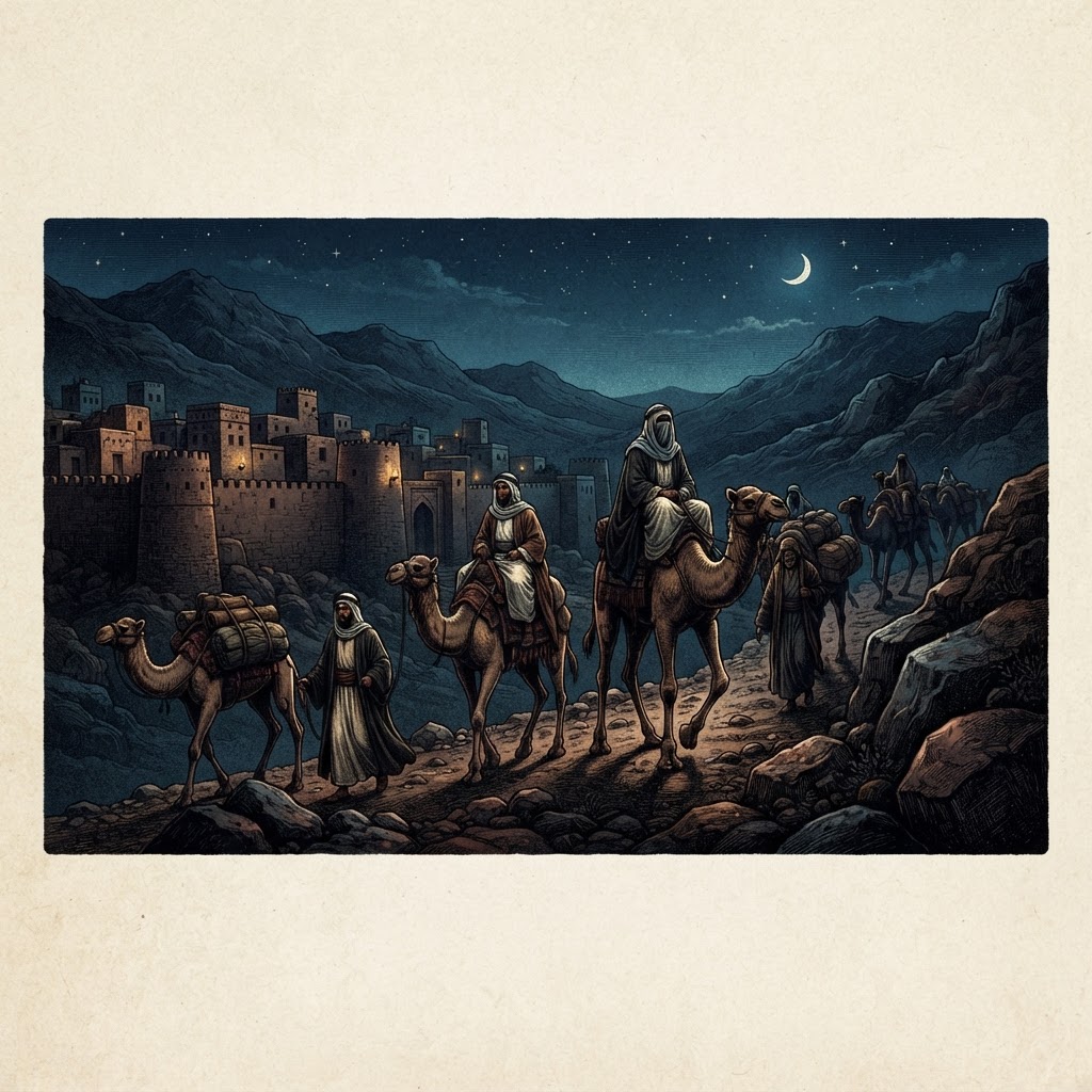 Illustration représentant L'Hégire, départ de Mahomet de La Mecque.