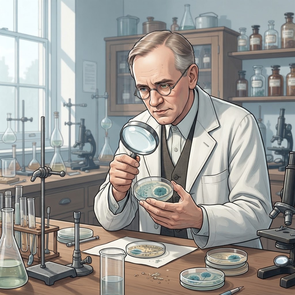 Illustration représentant Découverte de la pénicilline par Fleming.