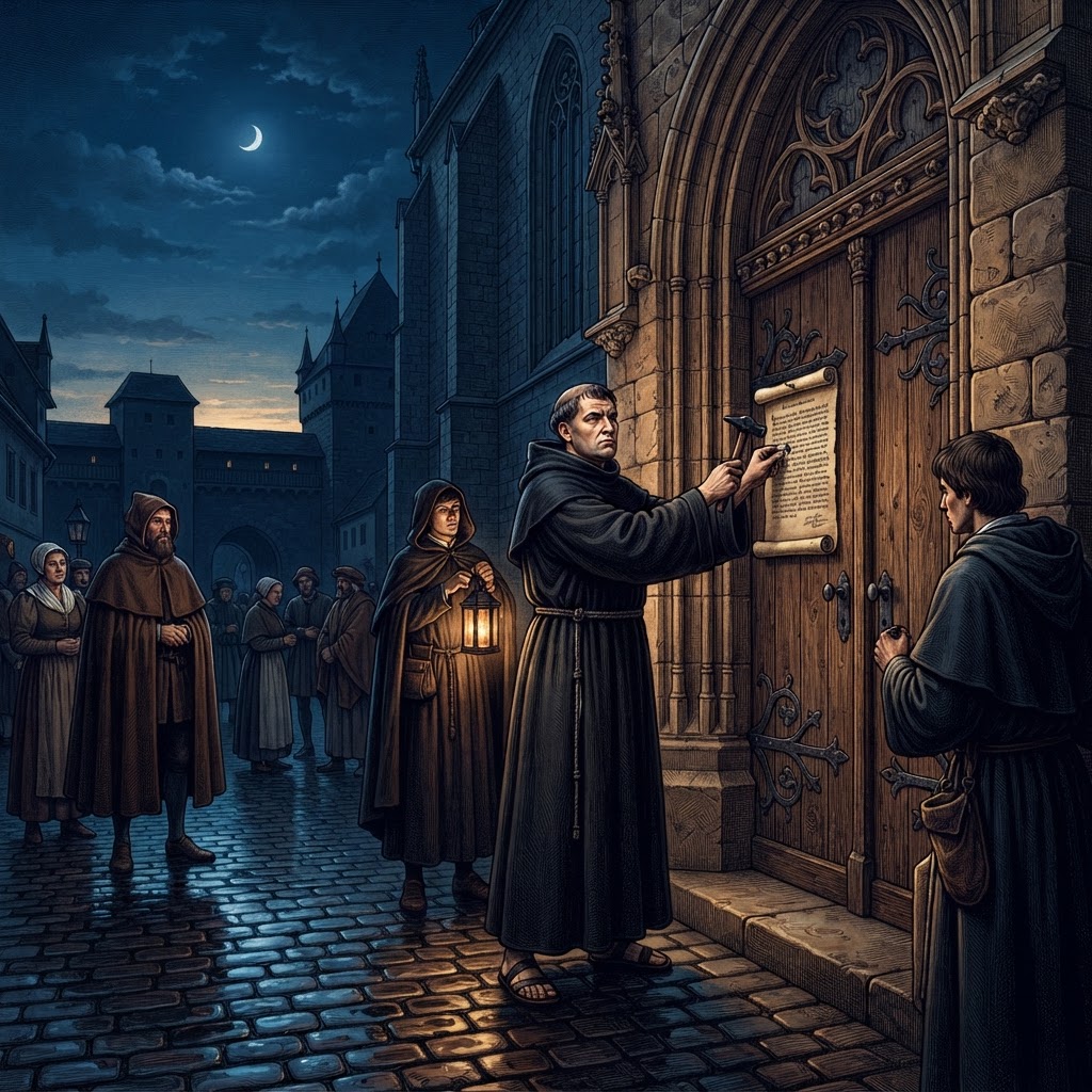 Illustration représentant Les 95 thèses de Martin Luther.