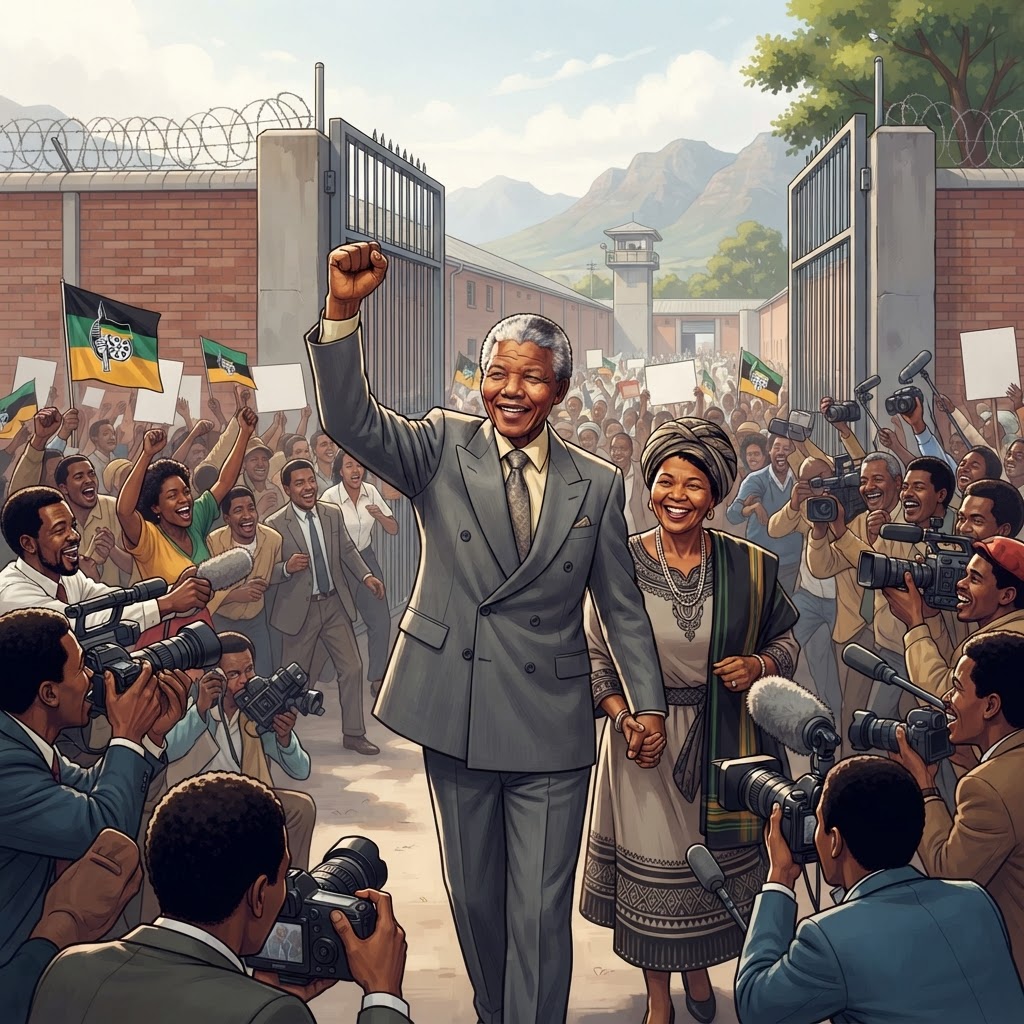 Illustration représentant Nelson Mandela, Libération de Nelson Mandela.