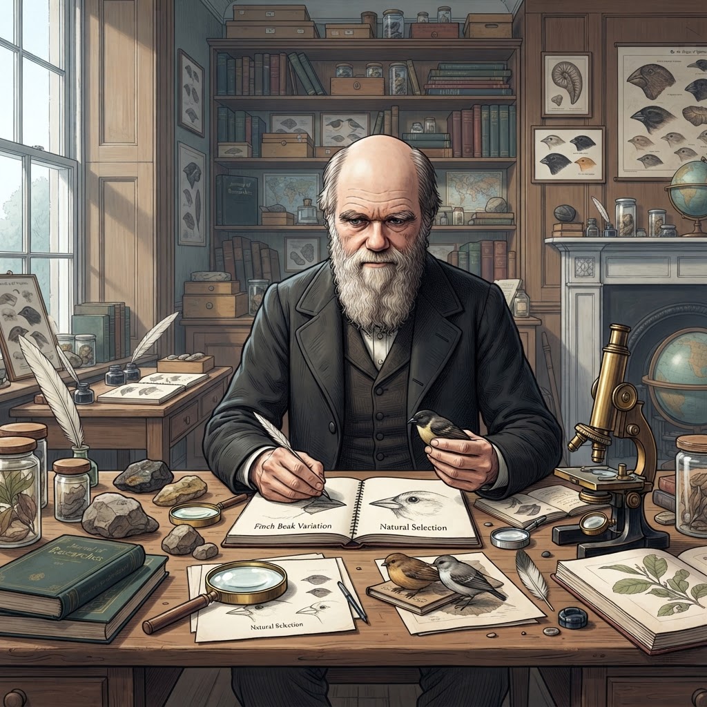 Illustration représentant Darwin publie L'Origine des espèces.