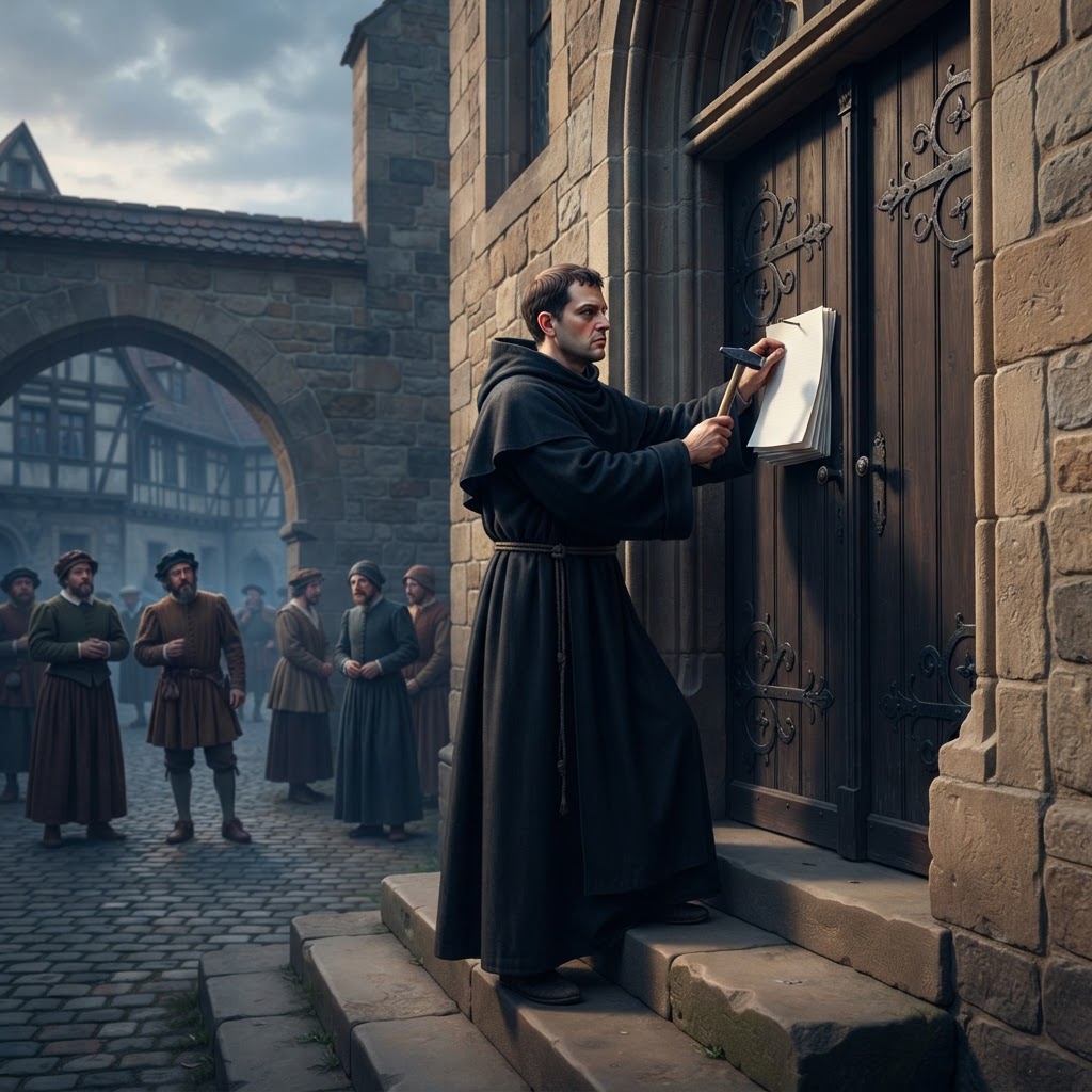 Illustration représentant Les 95 thèses de Martin Luther.