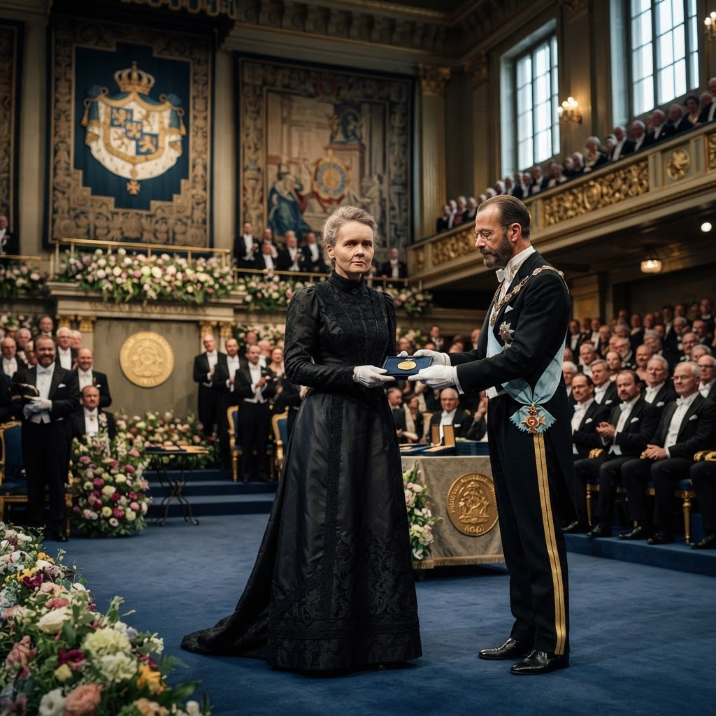 Illustration représentant Marie Curie, Second prix Nobel de Marie Curie.