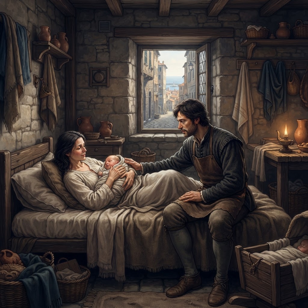 Illustration représentant Christophe Colomb, Naissance de Christophe Colomb.